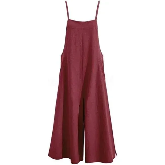 Women Loose Long Bib Pants Wide Leg Jumpsuits Red - Picture 5 of 5